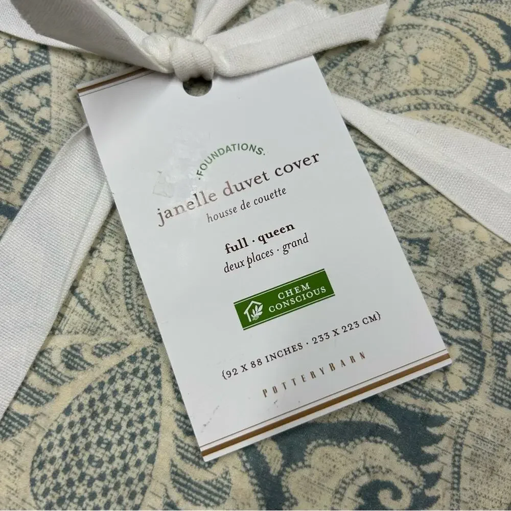 Pottery Barn Janelle Scroll Print Damask Blue Cream Duvet Cover Full / Queen NWT